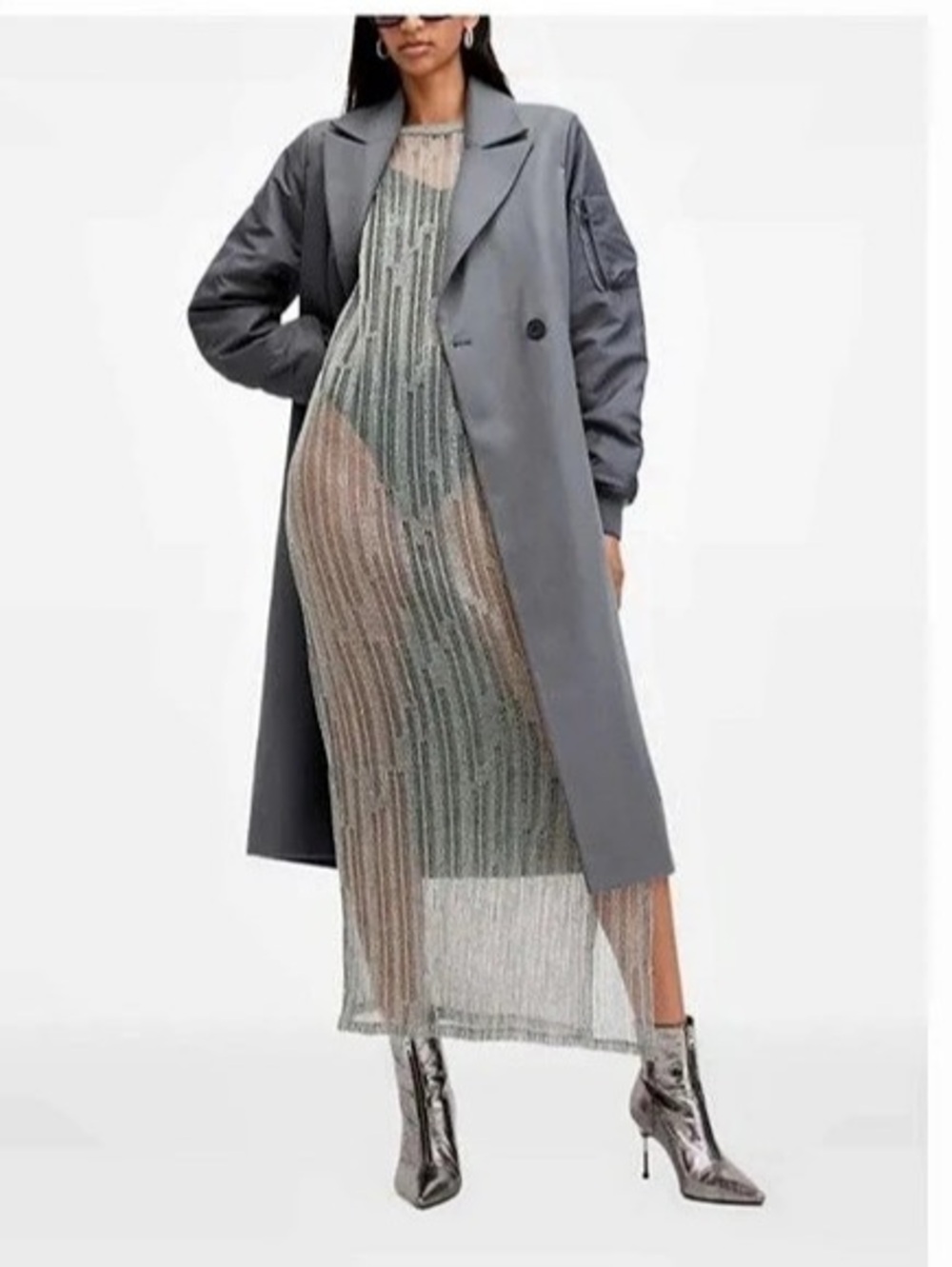 AllSaints Paulah Bomber-Sleeve Double-Breasted Coat Gray